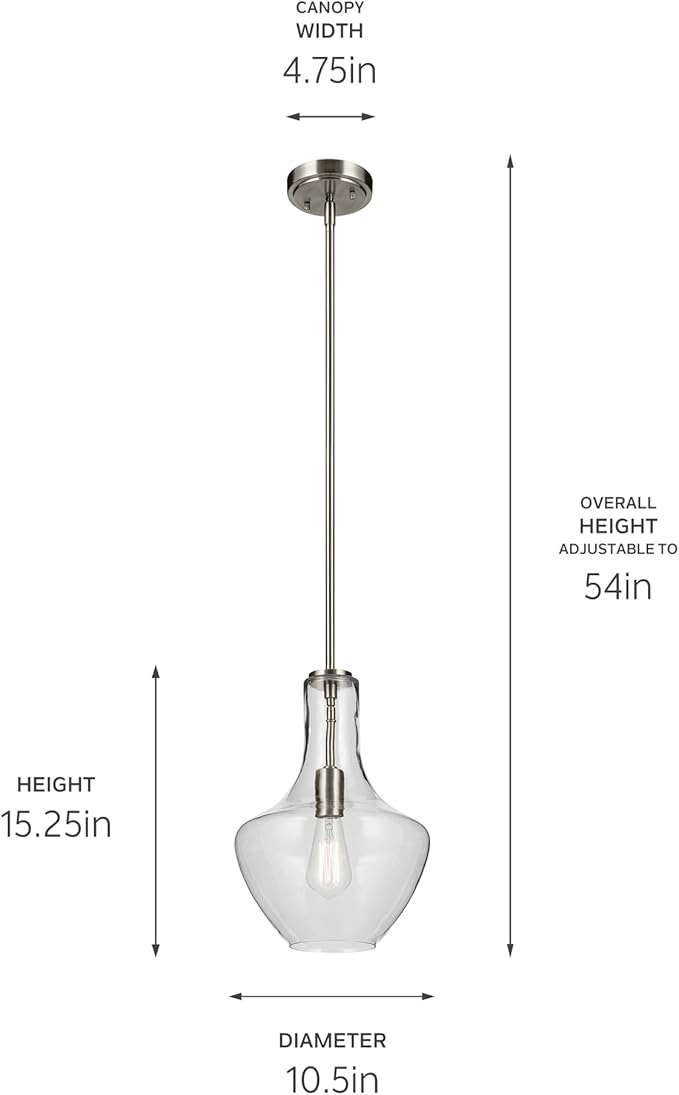 Everly 15.25" 1-Light Bell Pendant with Clear Glass in Brushed Nickel, for a Kitchen Island, Dining Nook, or Home Bar, (15.25" x 10.5") 42141NI