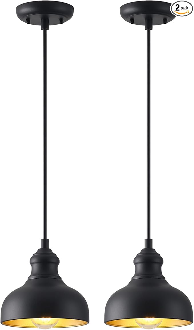 7in Dome Black Farmhouse Barn Pendant Light with Brass Interior, 2 Pack Outdoor Porch Hanging Lamp Small Industrial Barn Style Pendant Lighting for Bedroom Kitchen Hallway, Height Adjustable