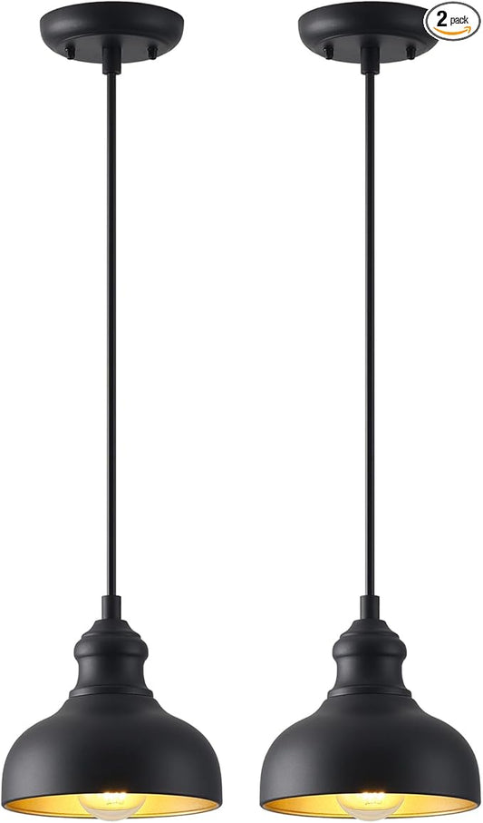 7in Dome Black Farmhouse Barn Pendant Light with Brass Interior, 2 Pack Outdoor Porch Hanging Lamp Small Industrial Barn Style Pendant Lighting for Bedroom Kitchen Hallway, Height Adjustable