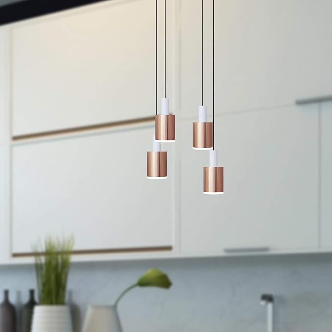 Virgo 4 Mini Pendant Lighting White-Copper - LED Hanging Light Fixture for Kitchen Island, Bar, Foyer - Cluster Pendants - Dimmable, Adjustable Wire, Lamp Bulb Included