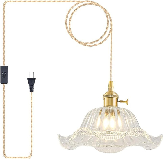 Plug in Pendant Light Vintage, Adjustable Pulley Hanging Lamp with Transparent Lily Glass Shade, Brass Hanging Lights with Plug in Cord for Kitchen, Compatible with Indoor Plant Grow Light Bulbs