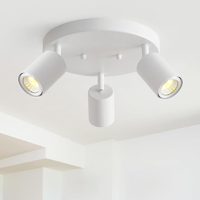 EGM 3 Light Track Lighting, White Round Track Lighting Fixtures, GU10 Flush Mount Directional Ceiling Light for Kitchen, Bedroom, Office, Picture Wall