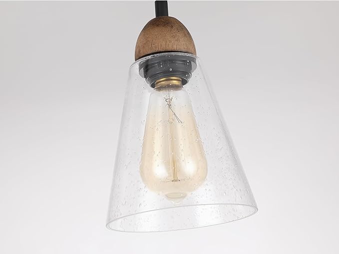 3-Light Large Rustic Farmhouse Wood Flush Mount Ceiling Light Fixture Clear Seeded Glass Shade and Oak Wood Track Semi Flush Mount Ceiling Light for Kitchen Living Room Bedroom Indoor, Black