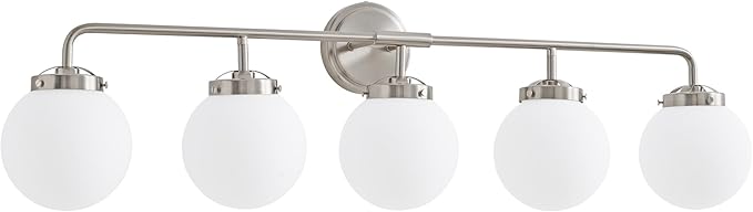 Bathroom Light Fixtures Over Mirror, Brushed Nickel Modern Vanity Lighting with Milk White Glass Globe Shades 5-Light Farmhouse Wall Sconce