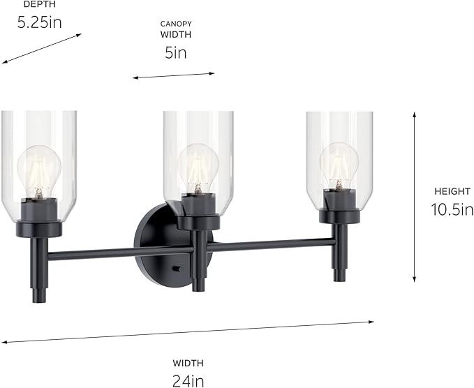 Kichler Madden 3-Light Bathroom Vanity Light Fixture with Clear Glass Shades in Black, Modern Wall Mount Over Mirror for Single Vanity, E26 Medium Base (10.5" x 24"), 55185BK