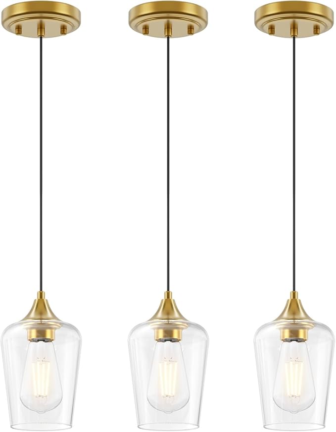 Ralbay Farmhouse Brushed Gold Pendant Light 3-Pack, Pendant Light Fixtures with Wine Clear Glass Shade, Kitchen Island Lighting for Dining Room, Rustic Adjustable Hanging Lighting Fixture