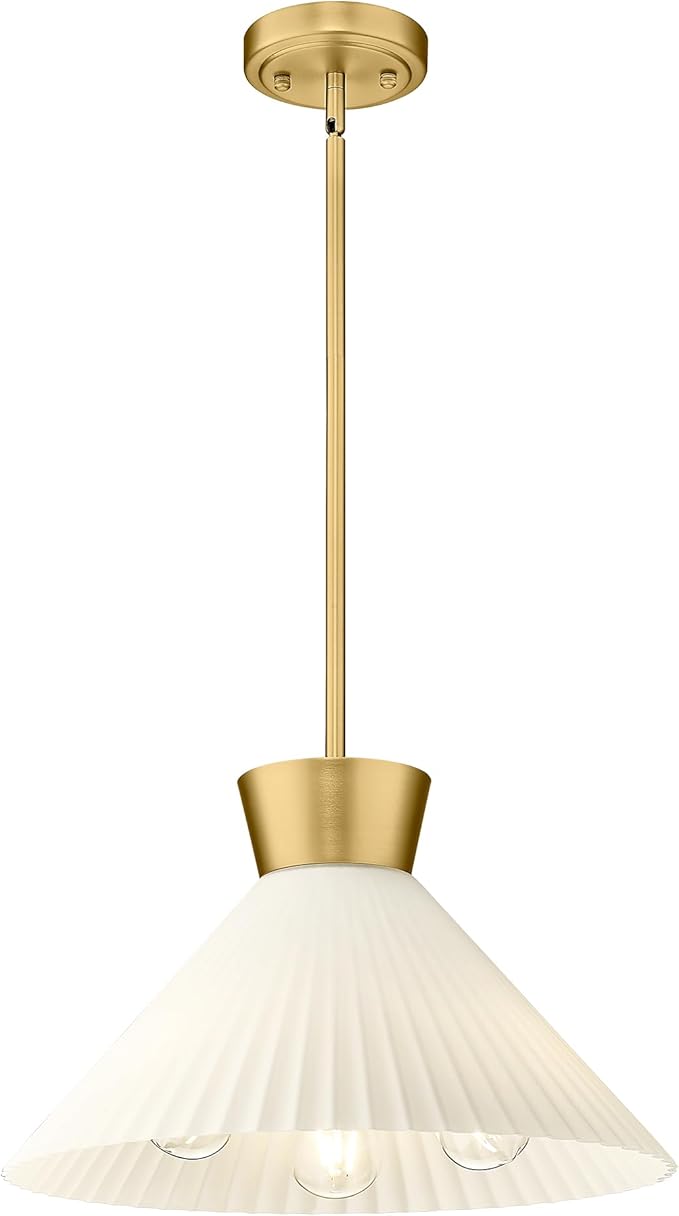Modern Pendant Light White and Gold, HWH Large Kitchen Island Light Fixtures 16 Inch, 3-Light Hanging Lighting for Dinning Room Schoolhouse, Frosted Striped Glass Shade, 5HZG98MIL-M BG