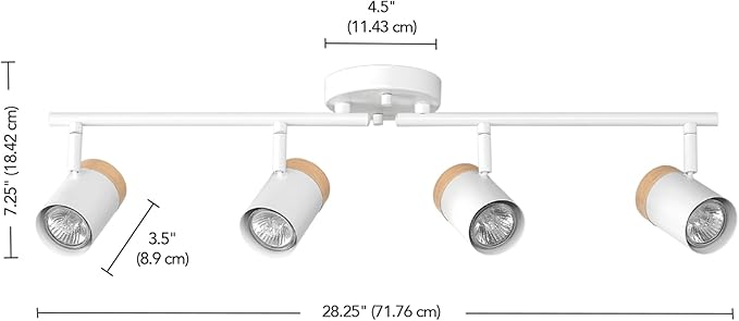 GLOBE Electric 64000165 28" 4-Light Foldable Track Lighting, Matte White, Hand Painted Wood-Tone Accent Detail, Pivoting Track Heads, Ceiling Light, Home Improvement