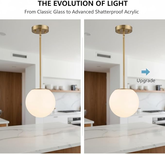 Modern Globe Pendant Light – Large Mid Century, Shatterproof Acrylic Opal Shade, Gold Finish, 2-Light, Adjustable Height for Sloped Ceilings, Hanging Lamp for Kitchen Island Dining Room Hallway