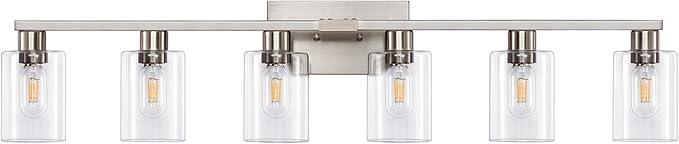 6 Light Bathroom Vanity Light,Vanity Light with Clear Glass Rust Proof Moisture-proof Easy to Clean 40"Brushed Nickel Bathroom Lighting Fixtures over Mirror Large Vanity Light for Bathroom Wall Sconce