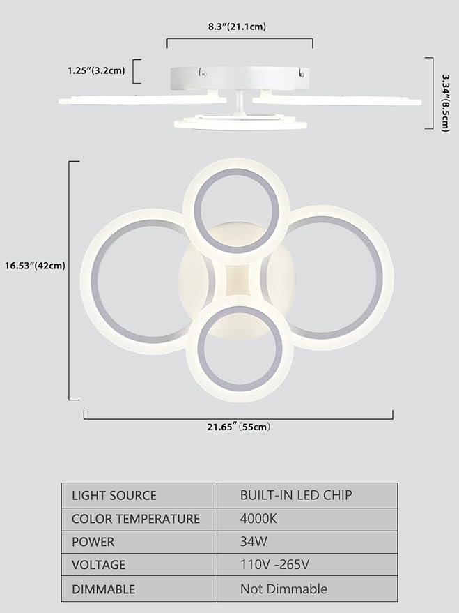 Vikaey Modern LED Flush Mount Ceiling Light, 4 Rings White Close to Ceiling Light Fixtures, Kitchen Lighting Fixture Ceiling Lamp for Bedroom, Living Room, Laundry Room, 4000K Not Dimmable