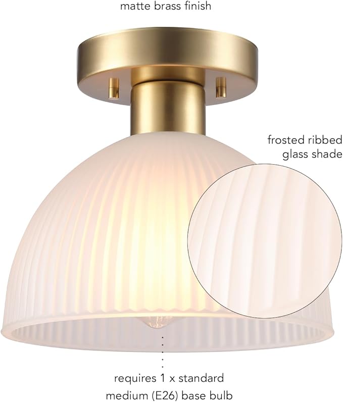 Globe Electric 1-Light Semi-Flush Mount Ceiling Light, Matte Brass Finish, Frosted Ribbed Glass Shade, Dimmable, E26 Base, Modern Glam Design, 66000129