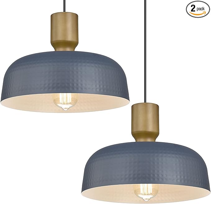 Farmhouse Pendant Lights, 2pcs Adjustable Hanging Light Fixtures with Hammered Metal Shade, 12.4 inch Pendant Lighting for Kitchen Island, Blue
