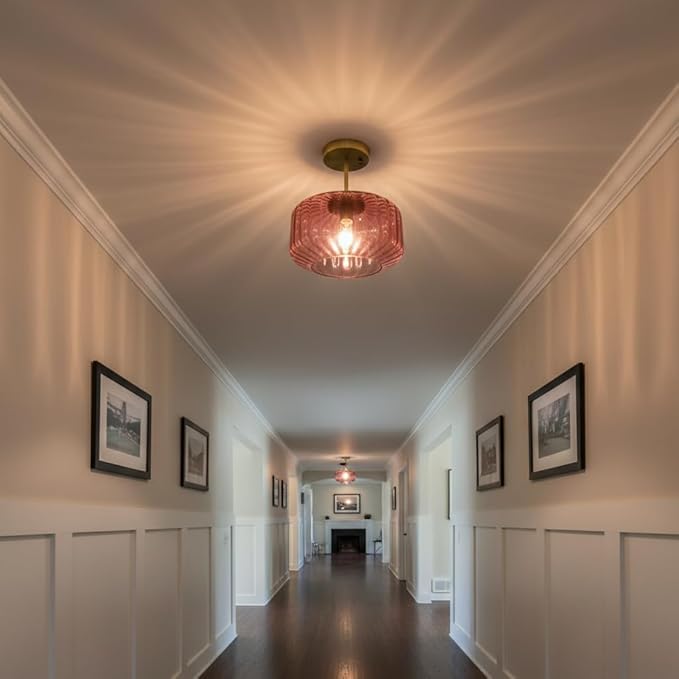 Art Deco Purple Ceiling Light Glass Semi-Flush Mount with Gold Finish, Bedroom Light Fixtures for Bathroom Living Room Entryway Closet Light