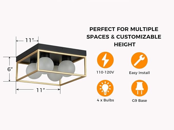 AGV LIGHTING Modern Flush Mount Ceiling Light, Black and Gold Ceiling Light Fixture with 4 Frosted Glass Globes, Semi Flush Mount Ceiling Lamp for Bedroom Kitchen Hallway Entryway
