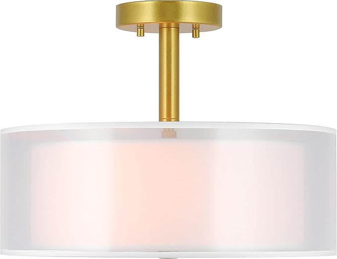 XiNBEi Lighting Drum Semi Flush Mount Ceiling Light, 3 Light Semi Flush Light, 16" Close to Ceiling Light with Fabric Shade Gold Brass Finish for Living Room & Bedroom XB-SF1194-GB
