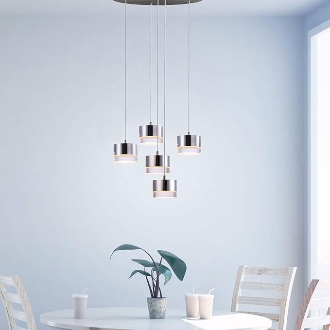 Jupiter 5 Mini Pendant Lighting Nickel - LED Hanging Light Fixture for Kitchen Island, Bar, Foyer - Cluster Pendants - Dimmable, Adjustable Wire, Lamp Bulb Included