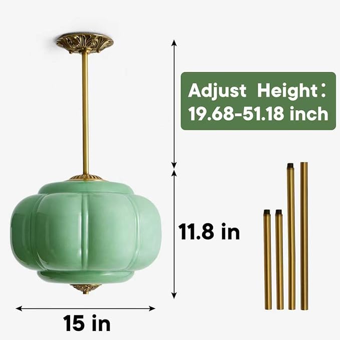 Green Milk Glass Ceiling Light Fixture,Milk Glass Pendant Light ,Semi Flush Mount Pendant Light Vintage Schoolhouse Ceiling Light for Kitchen Island, Living Room, Dining Room, Bedroom (Green, 15 Inch)