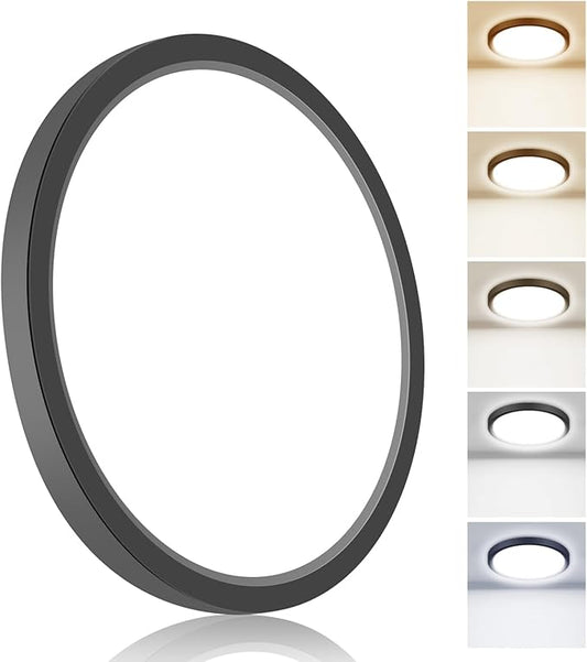 Flush Mount LED Ceiling Light Fixtures 5 Color Temperatures in One &100W Equivalent Flat Bathroom Ceiling Light,7Inch 15W Thin Round Black Surface Flushmount Fixture for Closet,Bedroom,Kitchen,Hallway