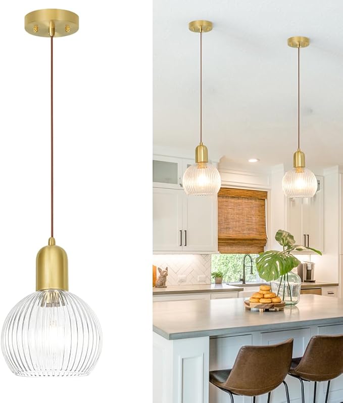 Modern Gold Pendant Lights Kitchen Island Lighting, Clear Glass Globe Pendant Light for Kitchen Adjustable 11.8-59" Brass Dining Room Hanging Light Fixture Vintage Ribbed Ceiling Pendant Light