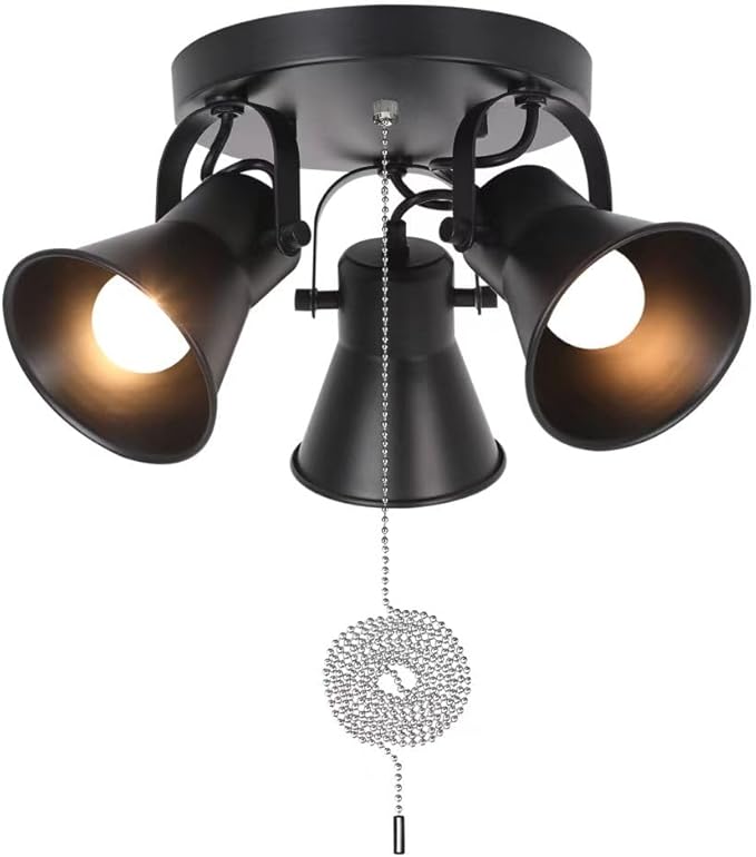 SEEBLEN 3-Light Industrial Track Lighting with Pull Chain On/Off Switch, Adjustable Round Kitchen Ceiling Light, Morden Black Flush Mount Directional Light for Kitchen, Hallway, Dining Room, Bathroom