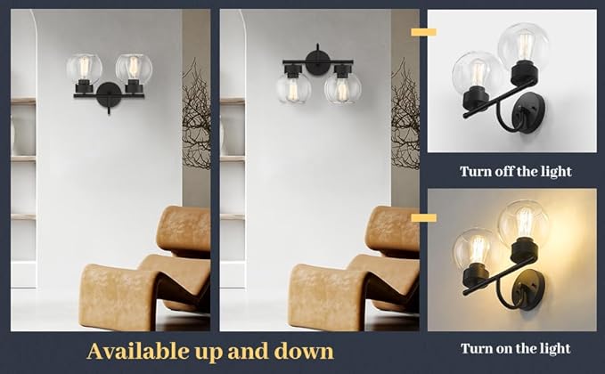 EAPUDUN 2-Light Matte Black Bathroom Light Fixtures Over Mirror, Vanity Lights for Bathroom with Clear Glass Shades, Industrial wall sconces, WLA1434-BK