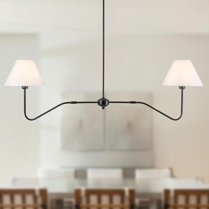 2-Light Modern Linear Chandelier for Dining Room, 55 Inch Farmhouse Kitchen Island Lighting with White Fabric Shades, Hanging Lighting Fixtures for Living Room Bedroom