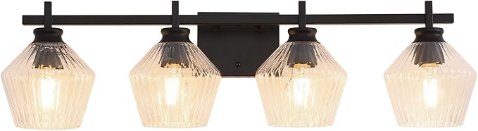 30.35in Modern Bathroom Light Fixtures, 4 Light Vanity Light, Black Wall Lamp with Ribbed Wine Glass Shades, Bathroom Wall Sconce Lamp for Mirror Living Room Bedroom Hallway