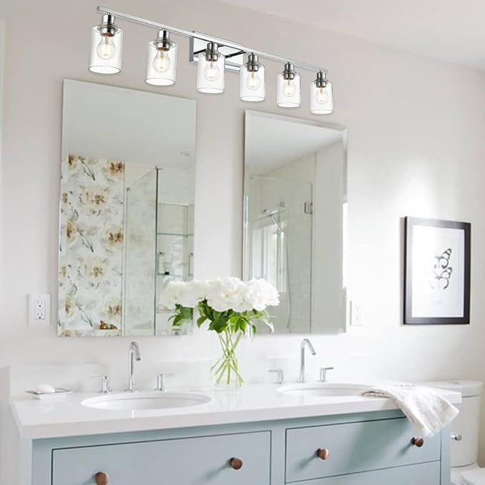 VINLUZ 6 Lights Bathroom Vanity Light in Chrome Finish with Clear Cylinder Glass Shade Industrial Wall Light Fixtures Over Mirror for Dressing Table Bedroom