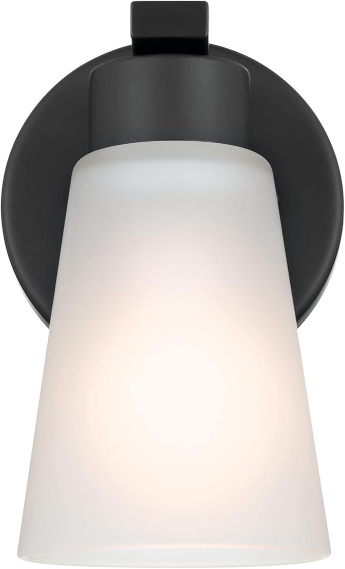 Kichler Stamos Wall Sconce 1-Light with Satin Etched Glass, Modern Bathroom or Hallway Light in Black, (8" H x 5" W x 6" D)
