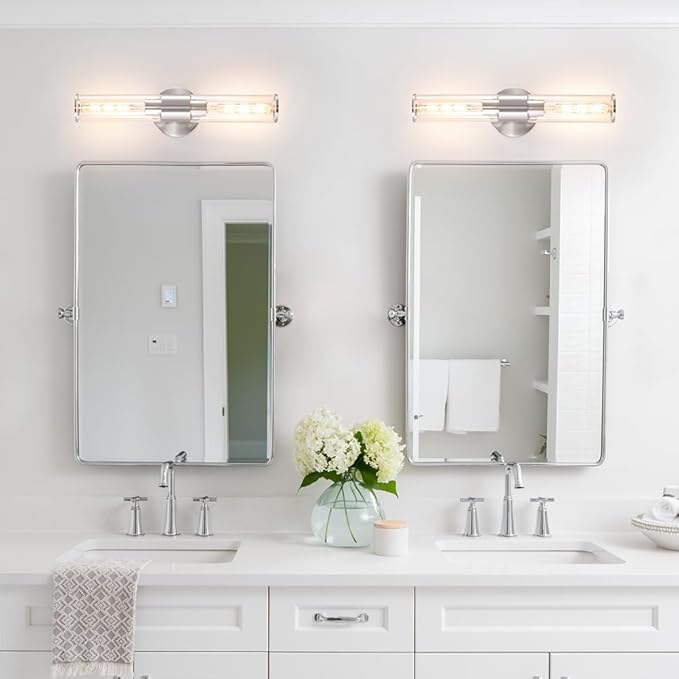 Brushed Nickel Wall Sconces Set of 2 (Hardwired Only), Bathroom Vanity Light Fixtures, Modern Cylinder Glass Wall Lights for Mirror 28-40 in Height, NOT Battery Operated, E26 Base (Bulbs Not Included)
