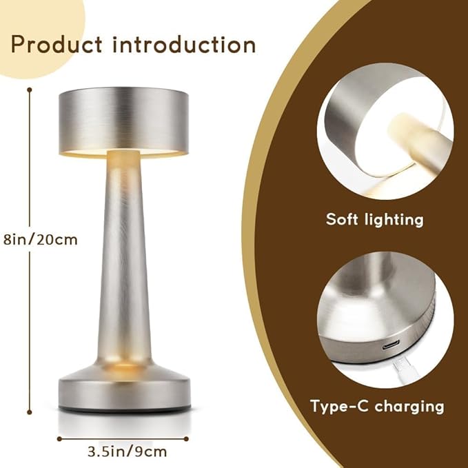 HPUFKOT Portable LED Table Lamp, 3-Levels Brightness Metal Desk Lamp,3 Color Touch Control Rechargeable Lamp, Ideal Bedside Lamp for Nightstand,Bedroom, Living Room (Silver)