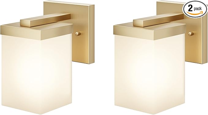 Vanity Lighting Fixtures with White Frosted Glass Shade, Brushed Gold Wall Lamps Over Bathroom Mirror for Bedroom Living Room Porch, 2 Pack T003GD-L1-P2