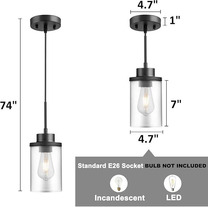 Modern Black Farmhouse Clear Glass Cylinder Pendant Light Fixture,Ceiling Hanging Metal Industrial Mini Pendant Lighting for Kitchen Island Dining Table Bedroom Hallway Foyer…