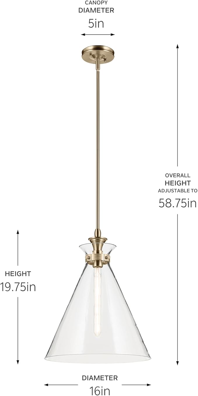 Kichler Laria 1-Light Pendant, Updated Traditional Light, Sloped Ceiling Compatible, for Kitchen with Clear Glass in Champagne Bronze (19.75" x 16"), 52775CPZCLR