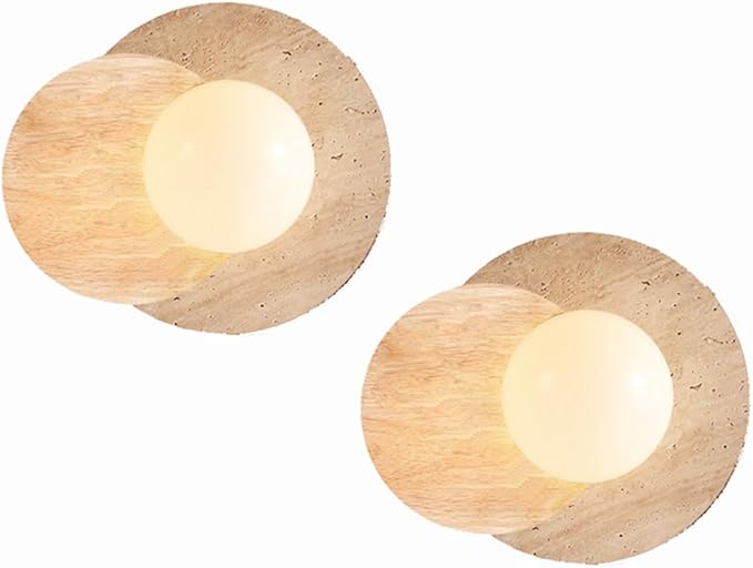 Marble Wall Lamp, Bathroom Vanity Light Fixtures, Wall Mount Lamp, Over Mirror, Wall Sconces Set of 2, Vintage Wall Light with Wood and Stone Shade, for Porch Workshop Kitchen Living Room