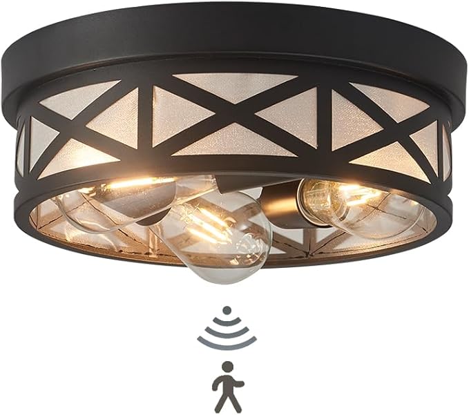 Adjustable Motion Sensor Flush Mount Ceiling Lights,3-Light Outdoor Ceiling Light Fixture for Entryway,Hallway,Porch,Patio,Storage Room and Garage,12 inch Round Matte Black Metal Modern Ceiling Lamp