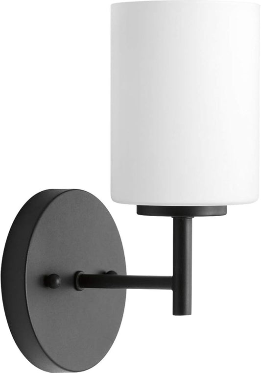 Progress Lighting Replay Collection 1 Light Bathroom Vanity Light, Modern Bath Lighting Fixture with Etched White Glass Shades for Over The Mirror, Reversible Mounting, Textured Black