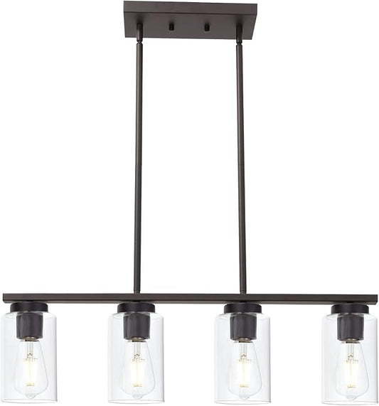 TODOLUZ Farmhouse Dining Room Chandelier 4-Lights Kitchen Island Light, Clear Glass Pendant Lighting Fixtures in Oil Rubbed Bronze