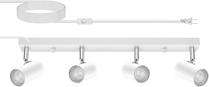 AUQUEE 4 Light Track Lighting Kit,White 4 Way Modern Plug in Ceiling Spotlight,Industrial LED Wall Light for Kitchen Cabinet Gallery Bar Hallway Living Room,Rocker Switch,15 Foot Cord(No Bulb)