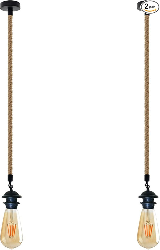 LEDSone Farmhouse Vintage Hemp Rope Pendant Light Hemp Rope Adjustable Ceiling Hanging Pendant Light E26 Base Industrial Hemp Rope Retro Pendant Lighting Fixture for Dining Room Kitchen (Pack of 2)