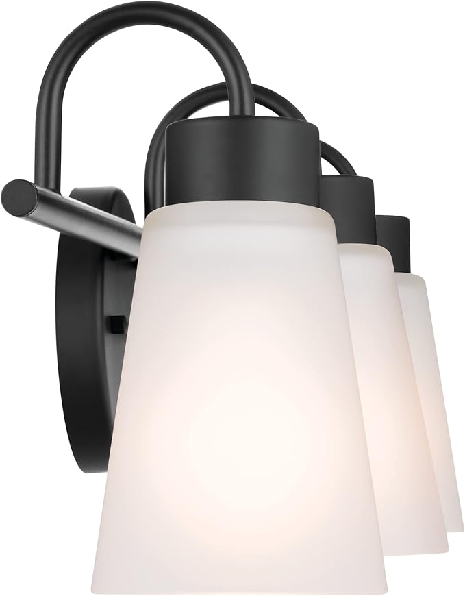 Kichler Erma 3-Light Bathroom Vanity Light Fixture with Satin Etched Glass Shades, Modern Traditional Wall Mount Lighting in Black for over Mirror (23 x 8.5 x 6 in), 45887BK