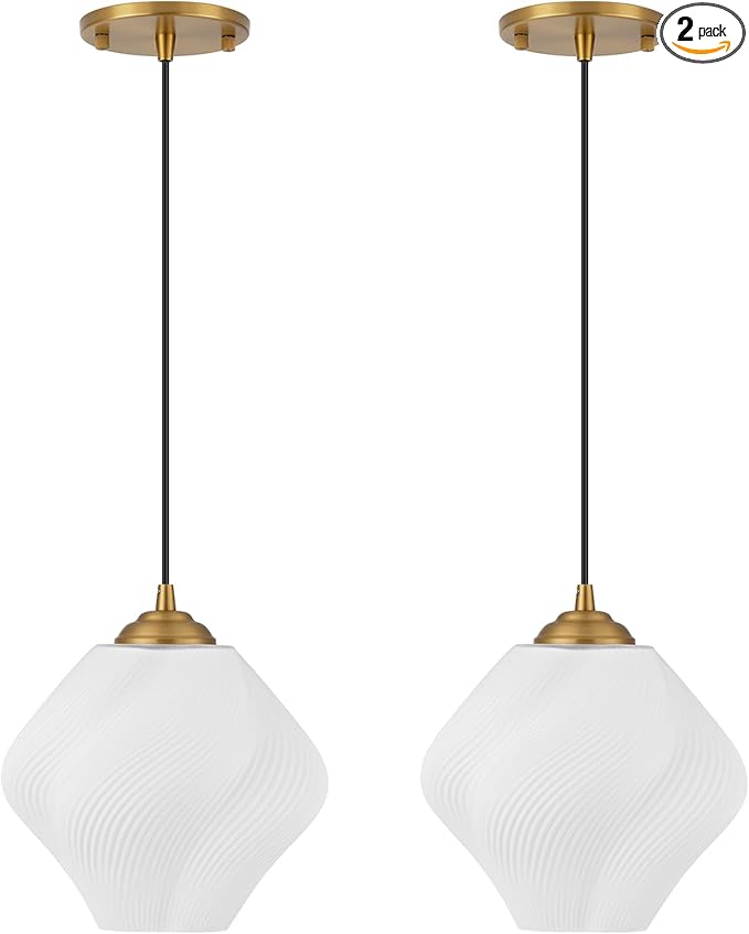 Milk White Glass Pendant Light, Mid Century Modern Ceiling Hanging Lights Fixture with Height Adjustable, Brass Gold Pendant Lighting for Kitchen Island, Hallway, Dining Room, Bedroom(2 Pack)
