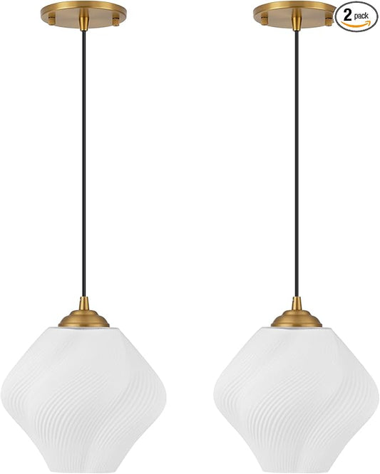 Milk White Glass Pendant Light, Mid Century Modern Ceiling Hanging Lights Fixture with Height Adjustable, Brass Gold Pendant Lighting for Kitchen Island, Hallway, Dining Room, Bedroom(2 Pack)