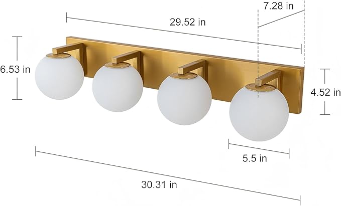 Lingkai Gold Bathroom Light Fixtures,4-Light Bathroom Vanity Light Over Mirror,Mid Century Modern Vanity Lighting Fixtures with Milky White Glass Globe Shades,33 Inch Wall Sconce Lamp
