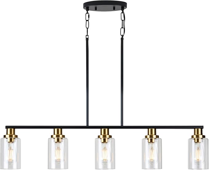 Dining Room Light Fixture,5-Light Farmhouse Linear Chandeliers for Dining Room Over Table，Matte Black and Gold Finish Kitchen Island Pendant Lighting for Kitchen Island，Pool Table Light