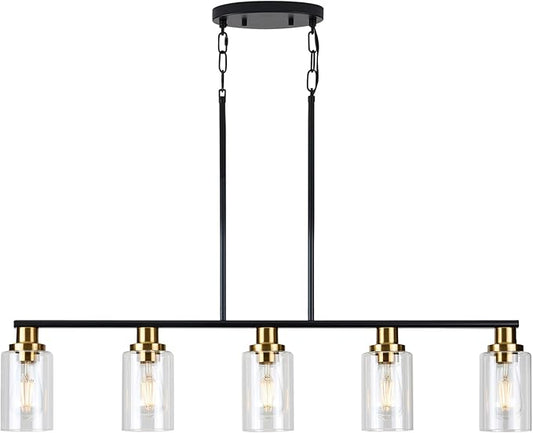Dining Room Light Fixture,5-Light Farmhouse Linear Chandeliers for Dining Room Over Table，Matte Black and Gold Finish Kitchen Island Pendant Lighting for Kitchen Island，Pool Table Light