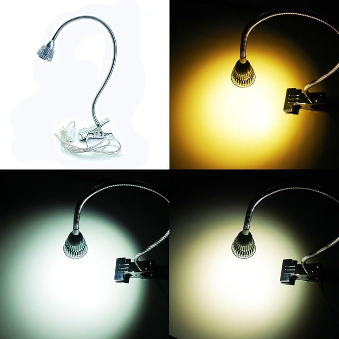 QUANS 5W 3 Colors LED COB Clip on Light Silver 19.68 INCH 50 CM Tube Desk Flexible Table Bed Lamp Work Home Design Lighting 110V 220V 85V - 265V AC with US Plug Switch on Off 500LM (Silver)