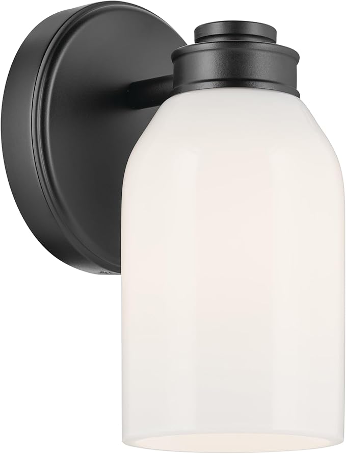 Kichler Shae 5" 1-Light Wall Sconce Modern Bathroom Vanity Light Fixture with White Opal Glass in Black for Mirror, Hallway, Fireplace (8.25" H x 5" W), 55200BK