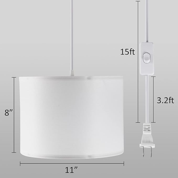 KUAUGST Plug in Pendant Light, 15 FT Hanging Lamp with Plug in Cord, On/Off Switch, Pendant Lighting with Fabric Shade, Hanging Light Fixture for Living Room, Bedroom, Dining Room, Kitchen (White)